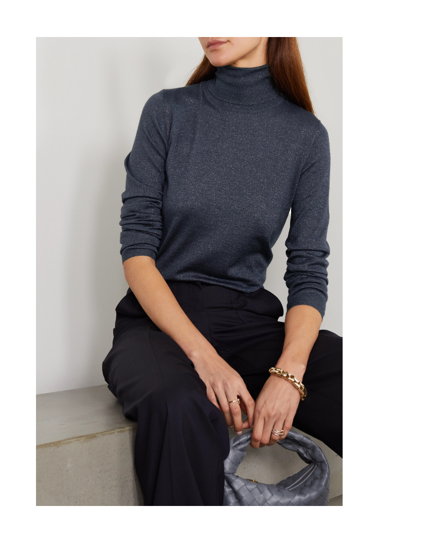 Brunello Cucinelli Navy Blue Metallic Turtleneck Pullover In Black