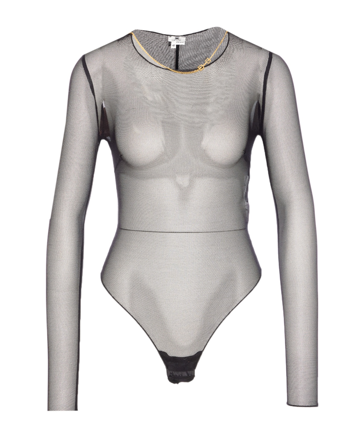 Elisabetta Franchi Bodysuit With Gold Chain And Sheer Fabric In Black