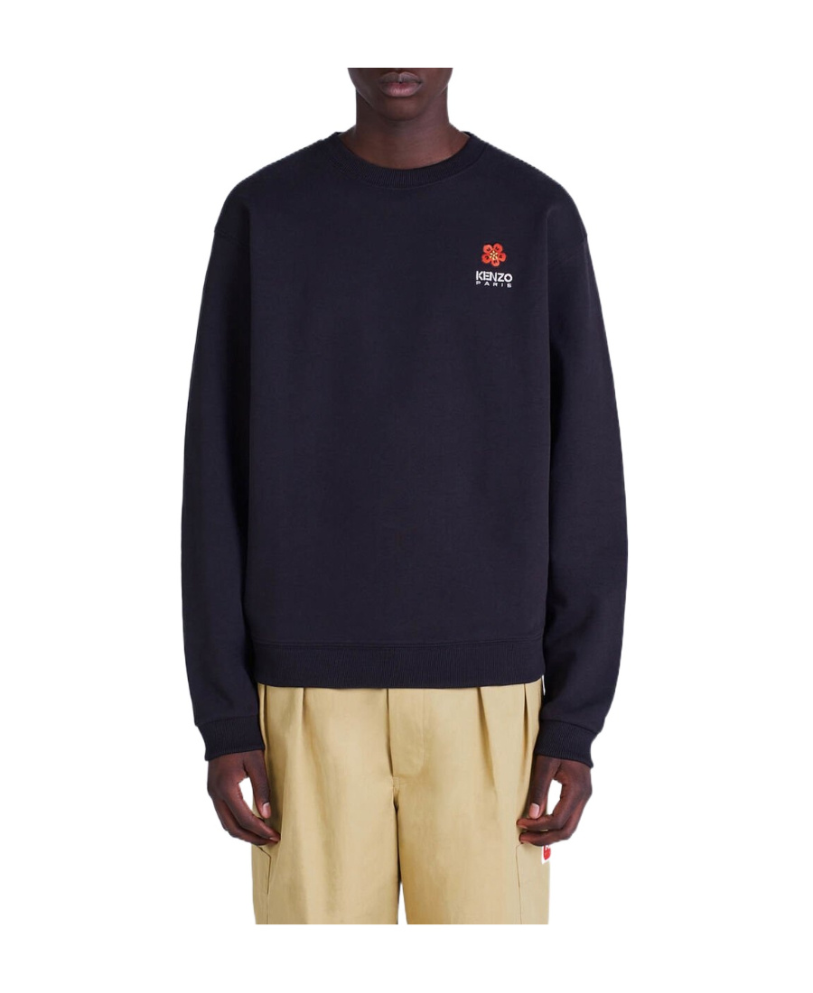 Kenzo Black Sweatshirt In Light Fllece With Broke Flower Embroidery To The Chest  Man In Black