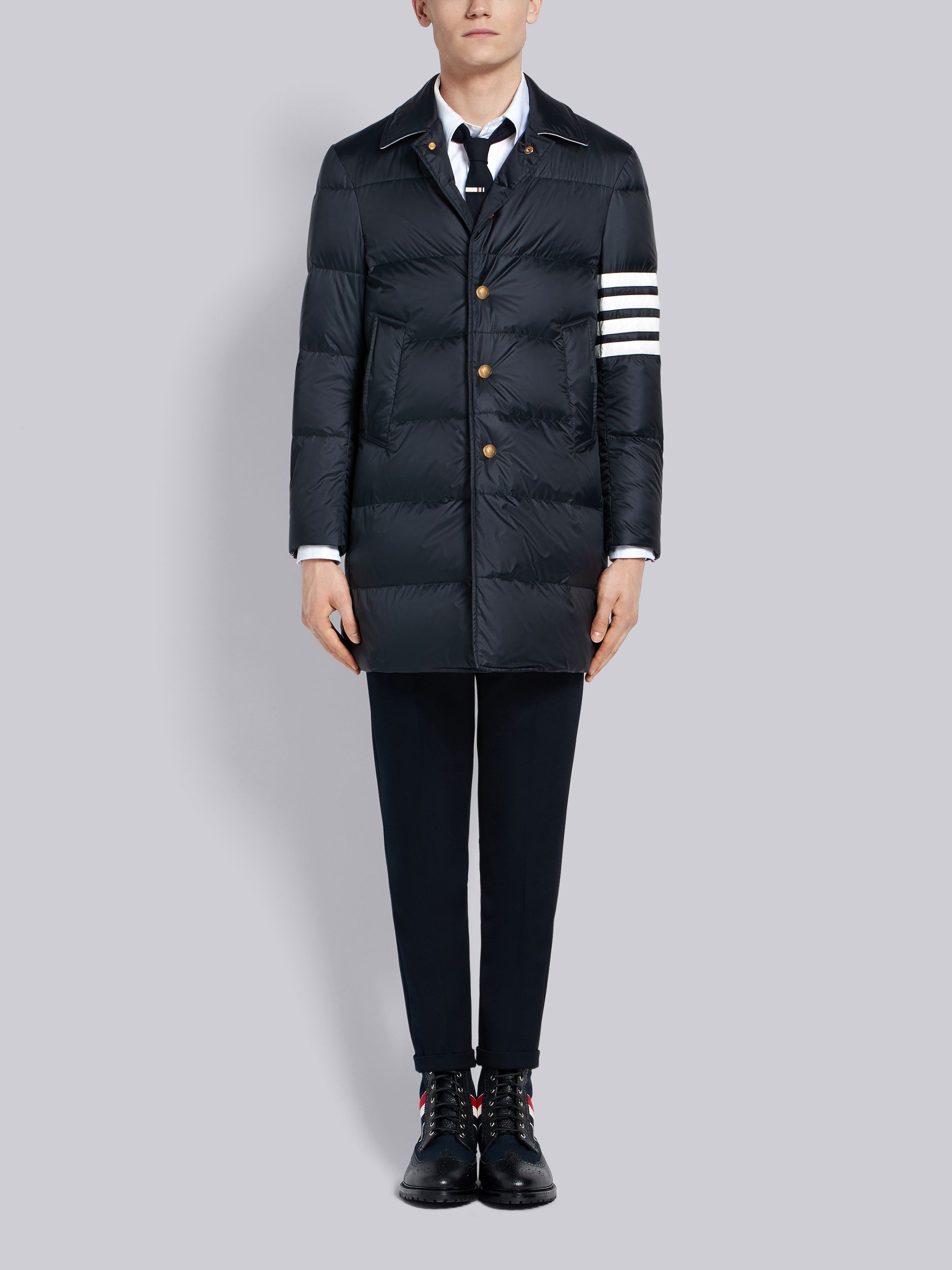 THOM BROWNE 4-BAR MATTE NYLON BAL COLLAR OVERCOAT