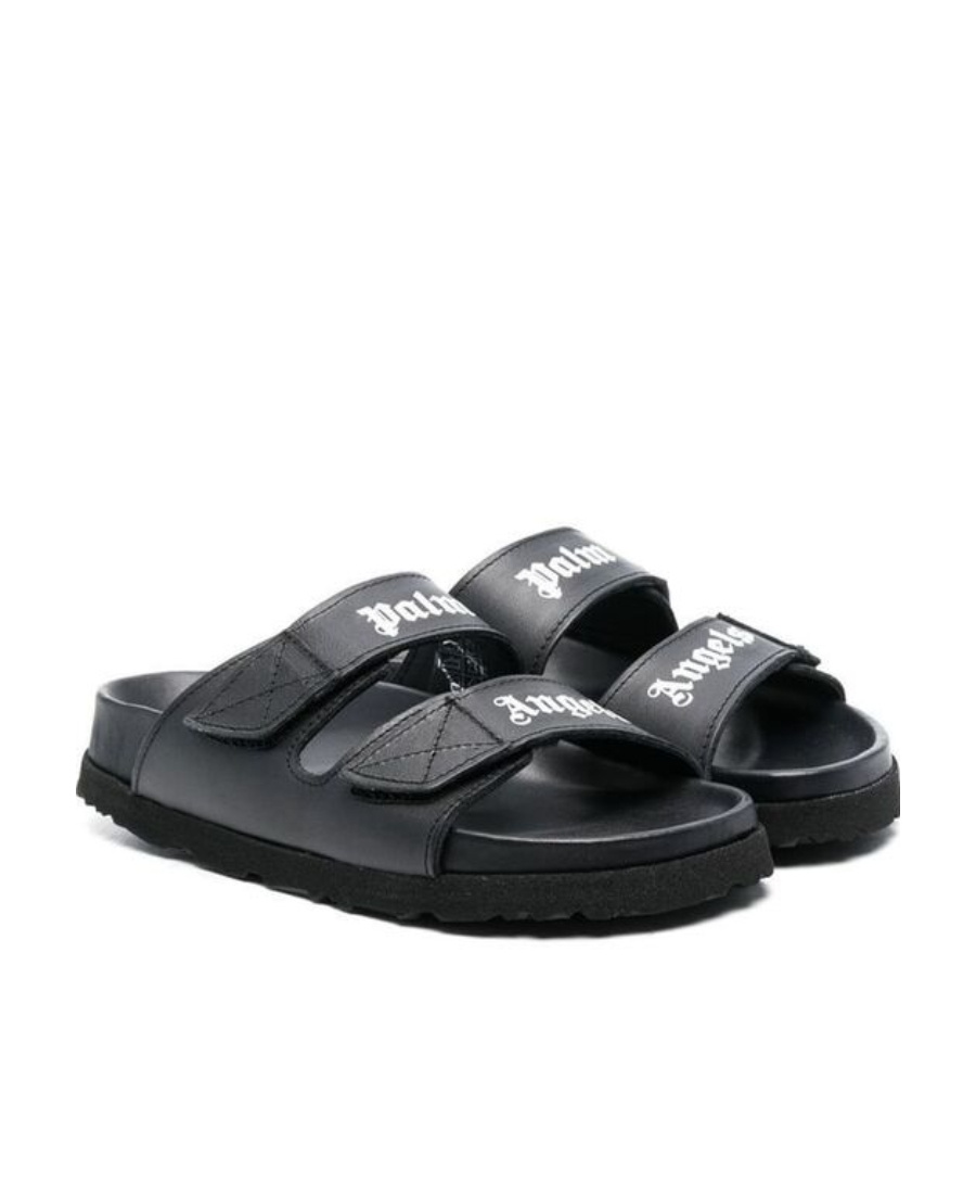 Palm Angels Logo-print Leather Slides In Black