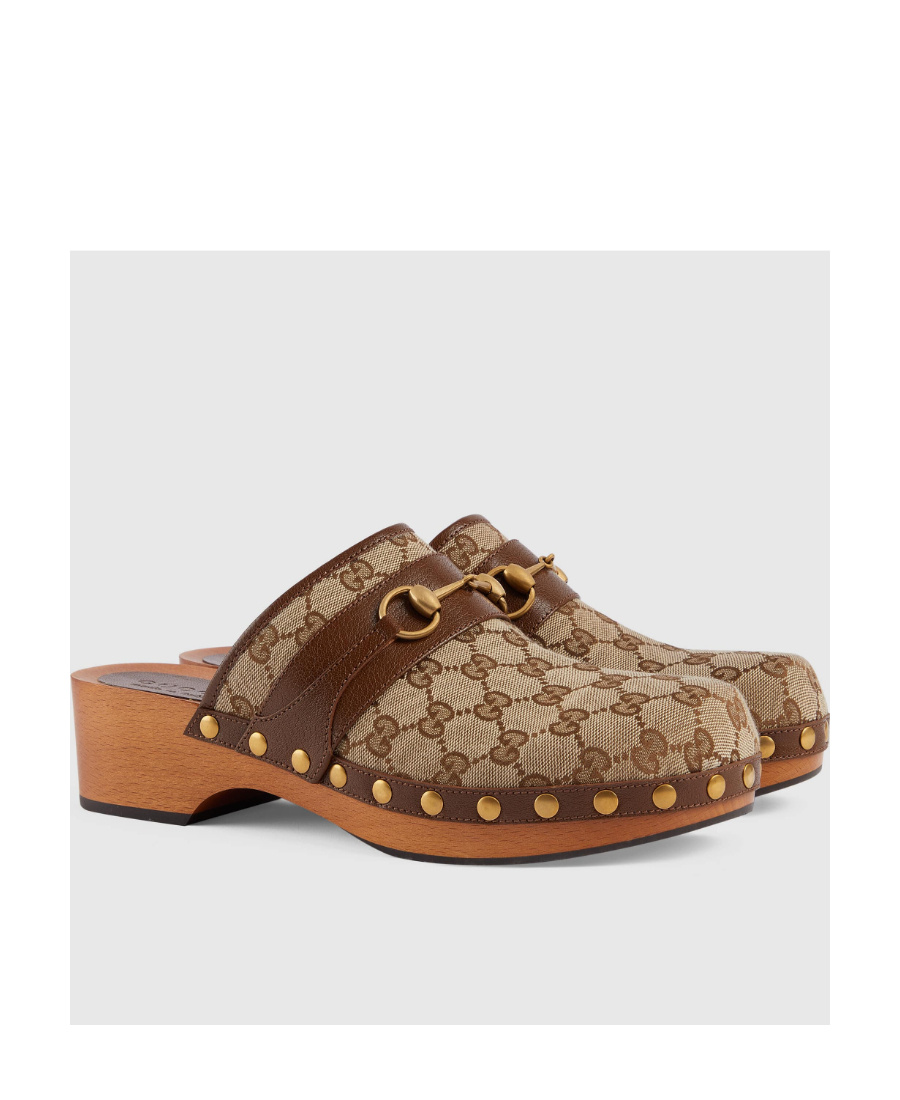 Gucci Horsebit Leather-trimmed Monogrammed Canvas Clogs In Brown
