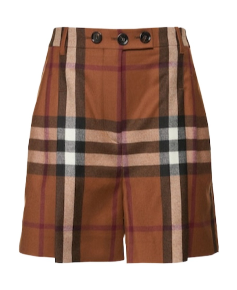 Burberry Plaid Woven Wool Shorts In Brown