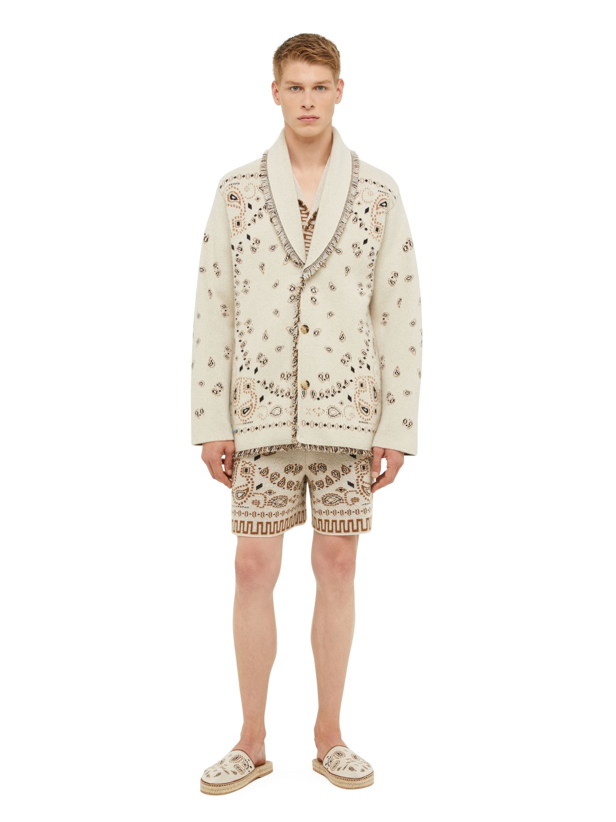 Alanui Shawl-collar Fringed Bandana-jacquard Cashmere Cardigan In White
