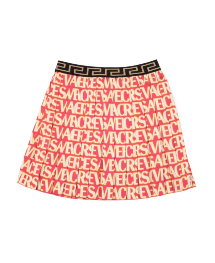 VERSACE LOGO-PRINT PLEATED MINISKIRT 