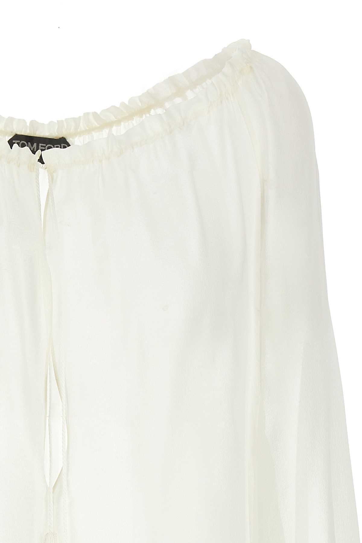 Tom Ford Silk Blouse Sheer Elastic Neckline Long Sleeves In White
