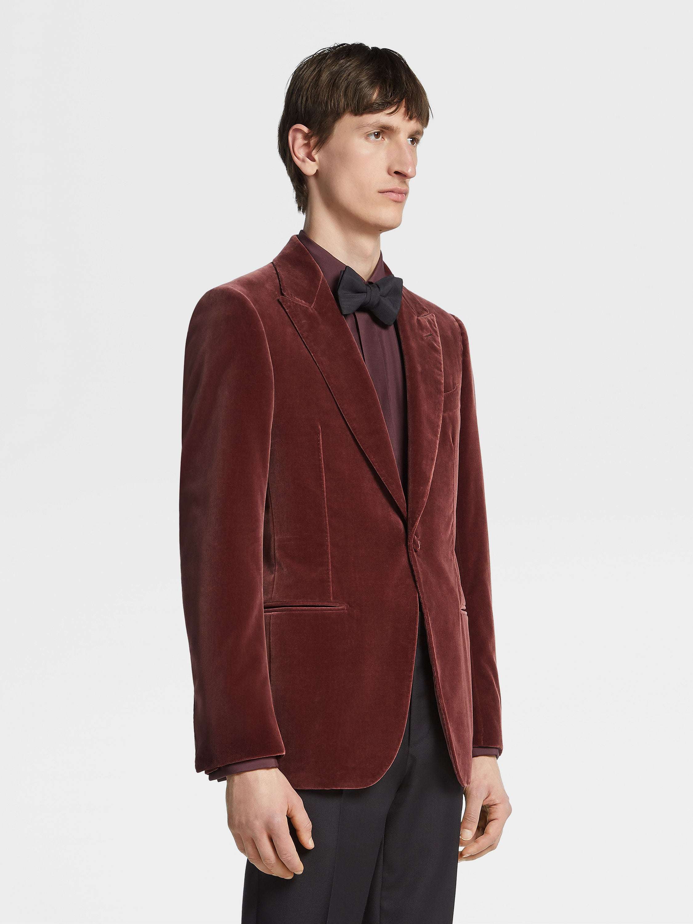 Zegna Velvet-effect Single-breasted Blazer In Burgundy