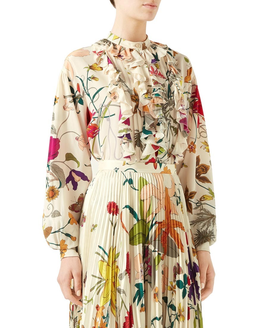 Gucci Ruffle Trim Floral Shirt In White