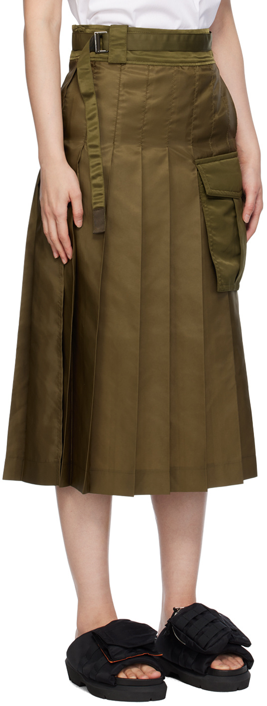 Sacai Khaki Pleated Midi Skirt In Green