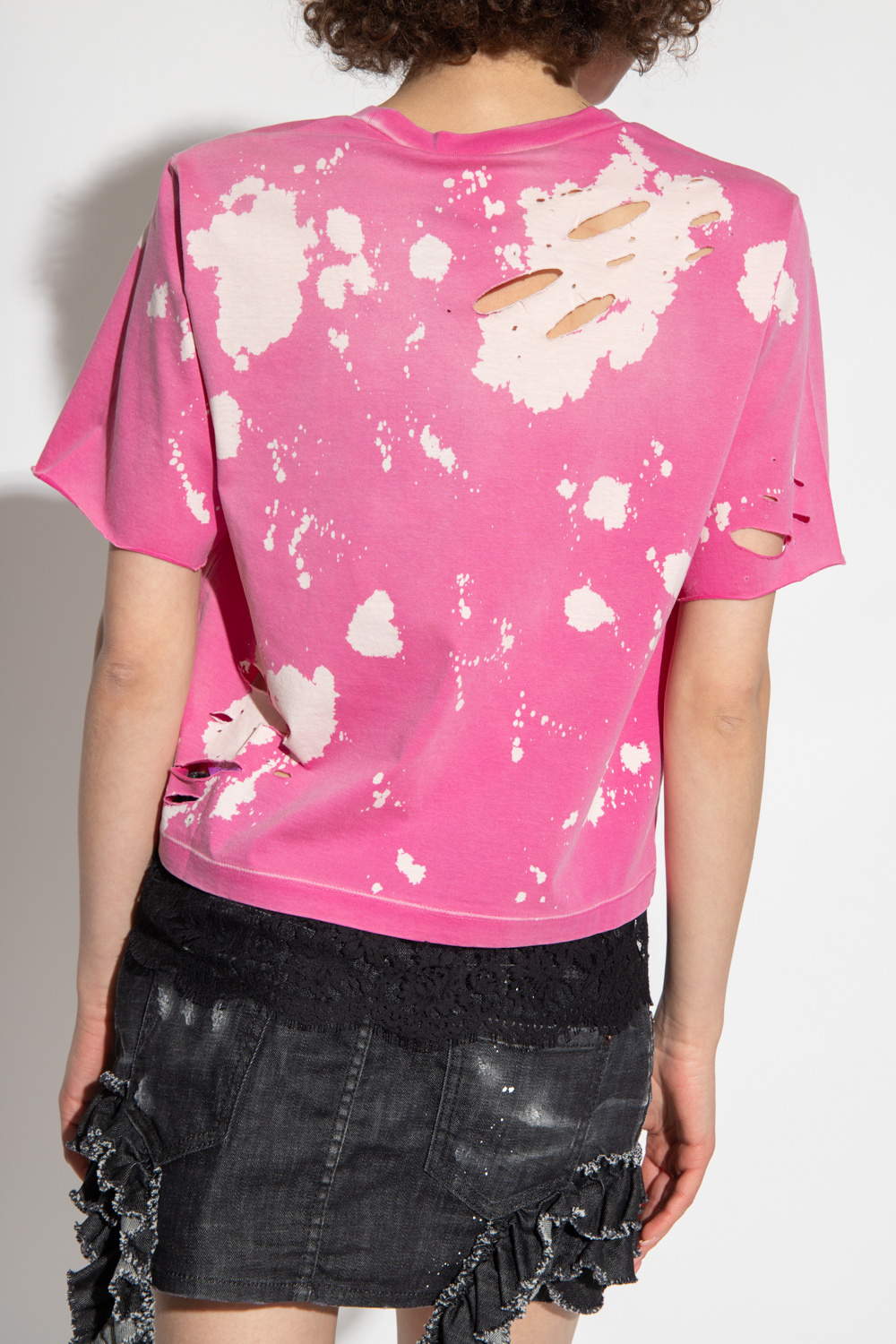 Dsquared2 Fuchsia Worn Effect Logo Print T-shirt With Laced Hem In Pink