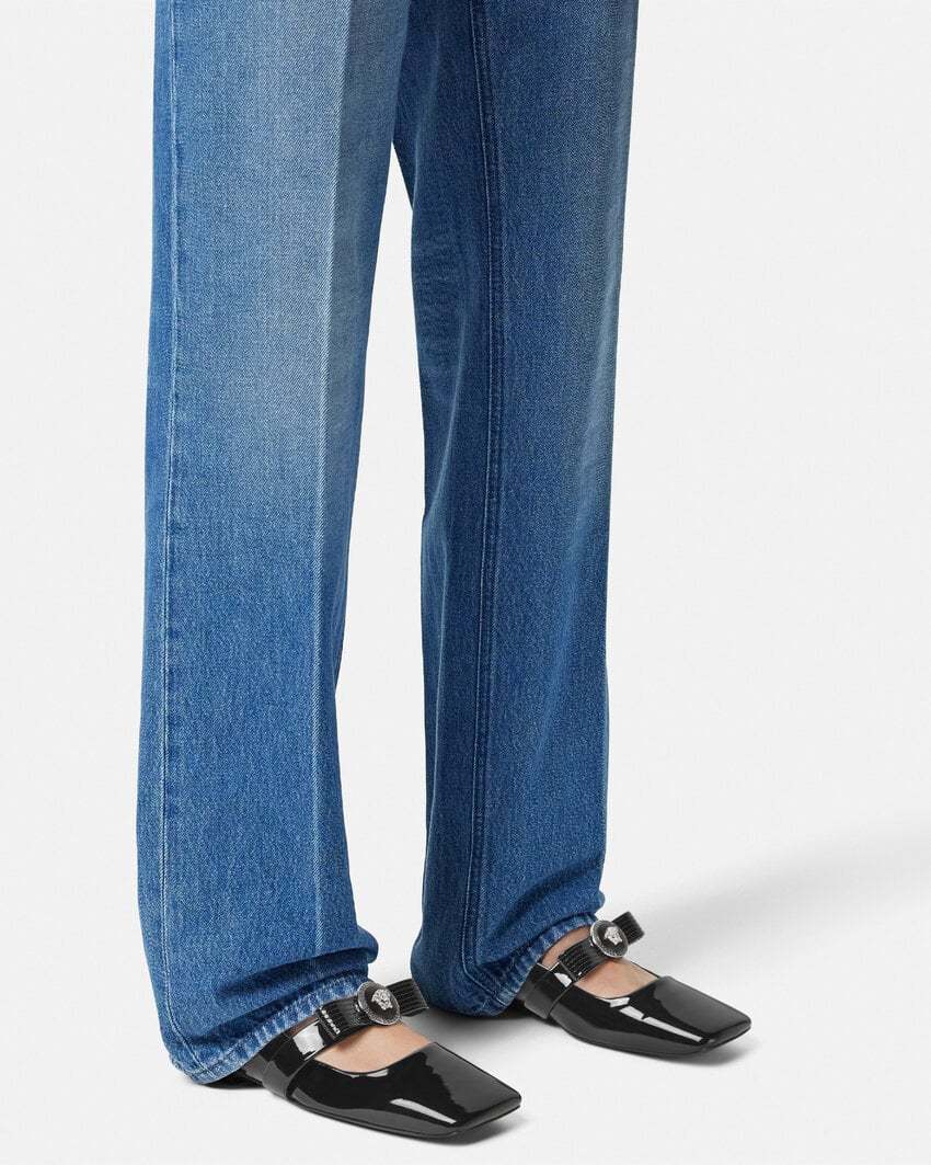 Versace Open-toe Ballet Flats In Gianni Ribbon In Black