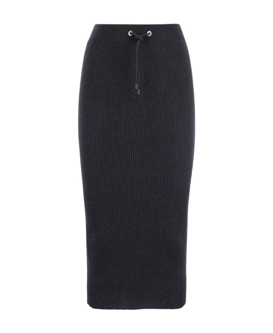 Brunello Cucinelli Metallic Ribbed Cashmere-blend Midi Skirt In Black