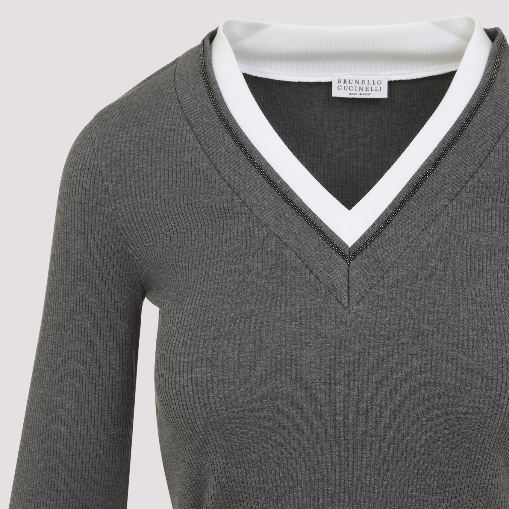 Brunello Cucinelli Ribbed Long Sleeves Top With Contrast Trim In Gray