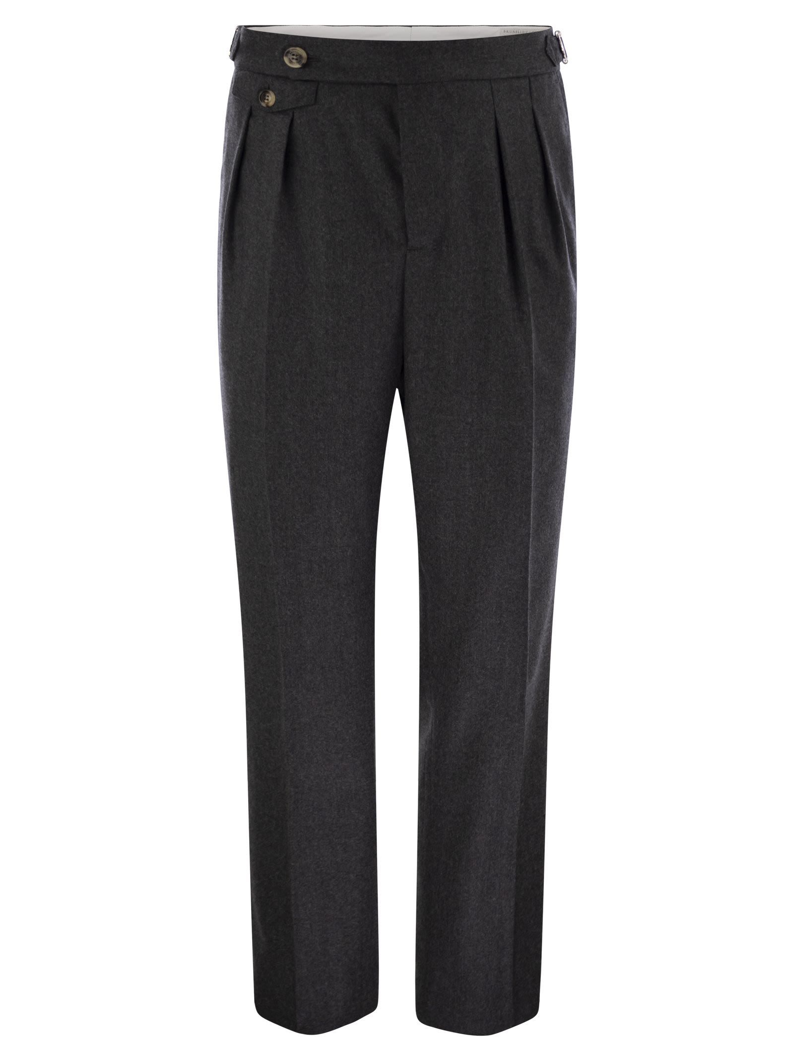 Brunello Cucinelli Men Tailor-fit Trousers In Virgin Wool Canvas With Double Inverted Darts And Buck In Black
