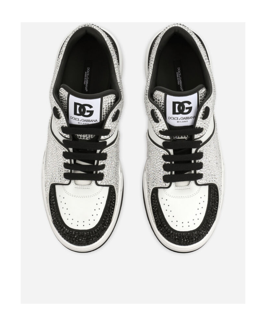 Dolce & Gabbana New Roma Calfskin Leather Sneakers With Thermoset Crystals In White