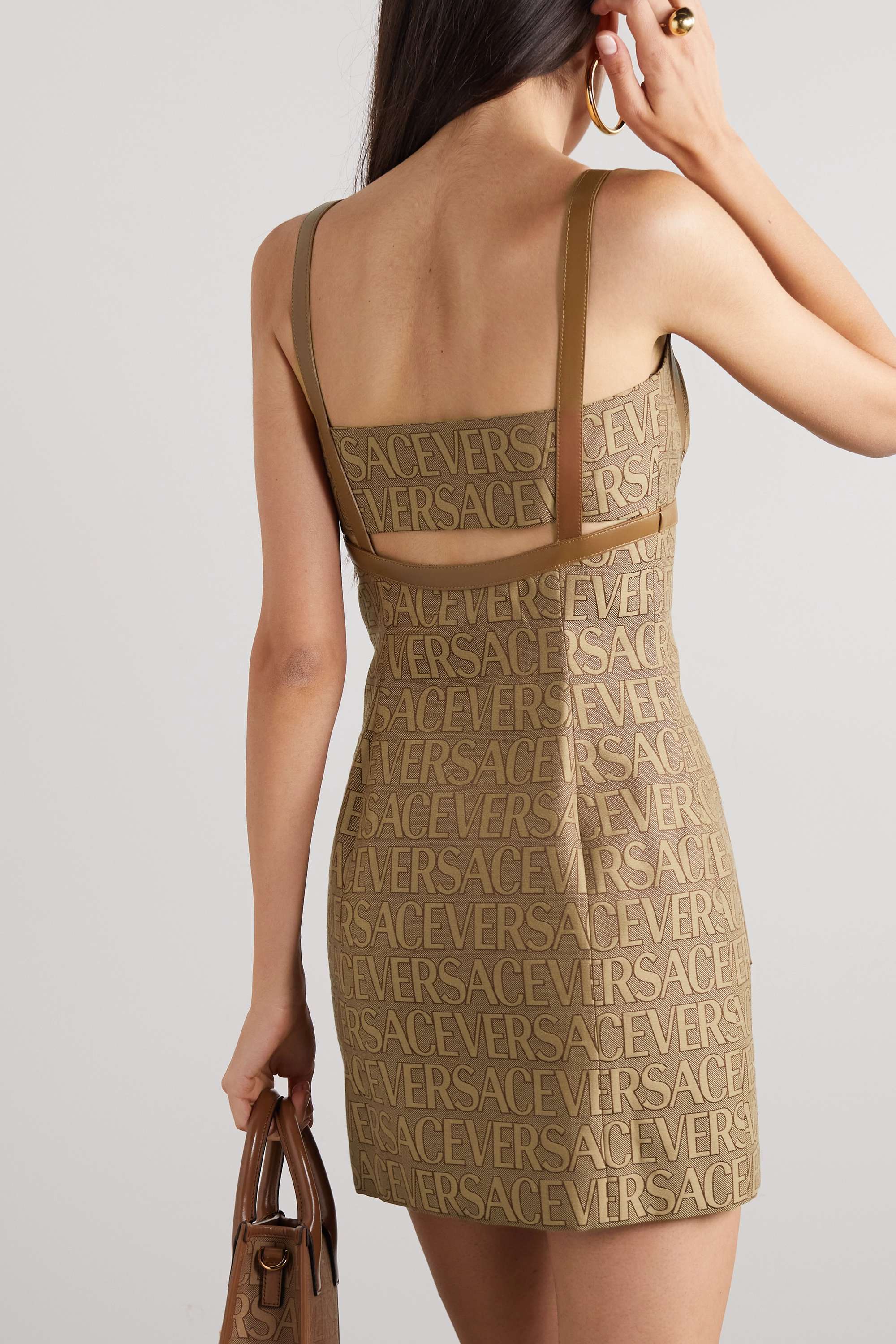 Versace Embellished Leather-trimmed Cutout Canvas-jacquard Mini Dress In Brown
