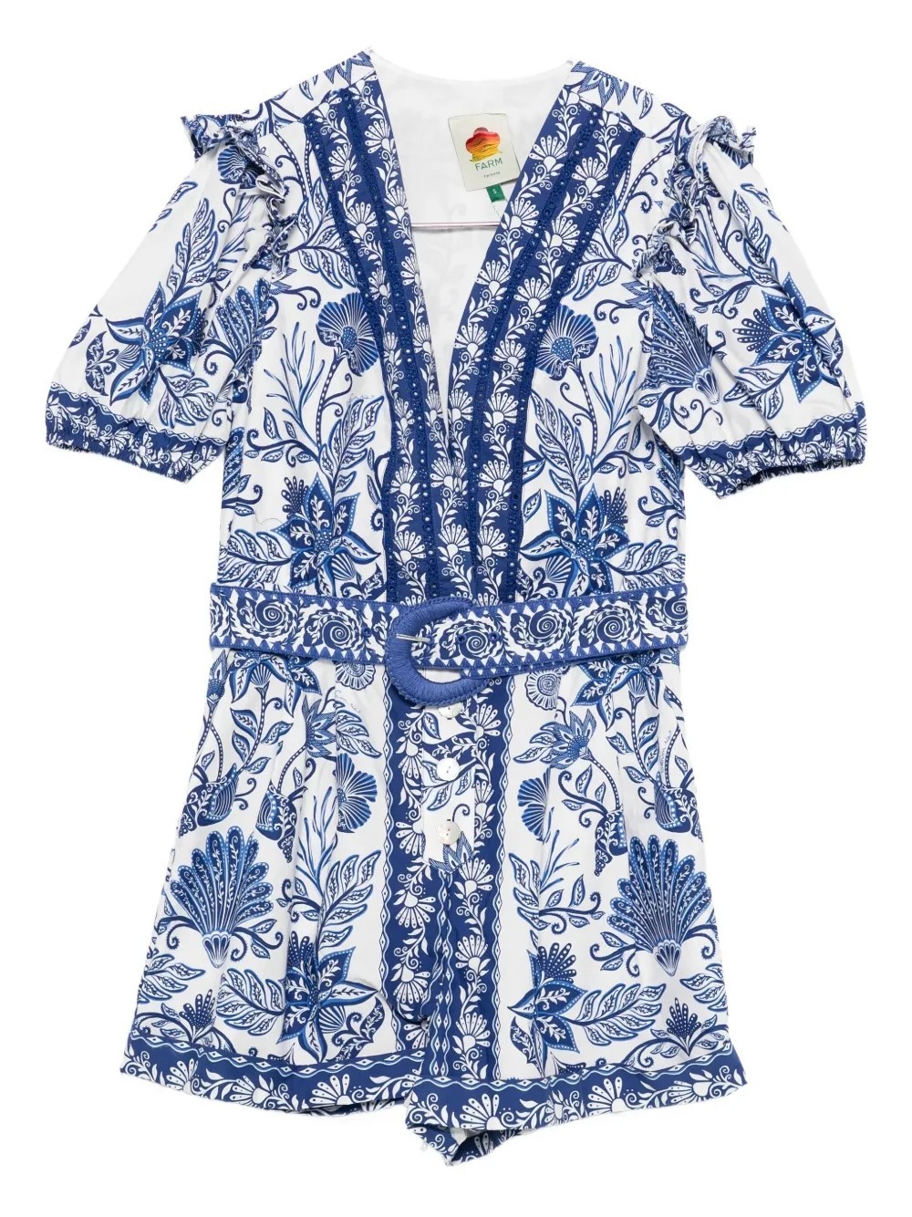 Farm Rio Shell Garden V-neckline Romper In Off-white In Blue