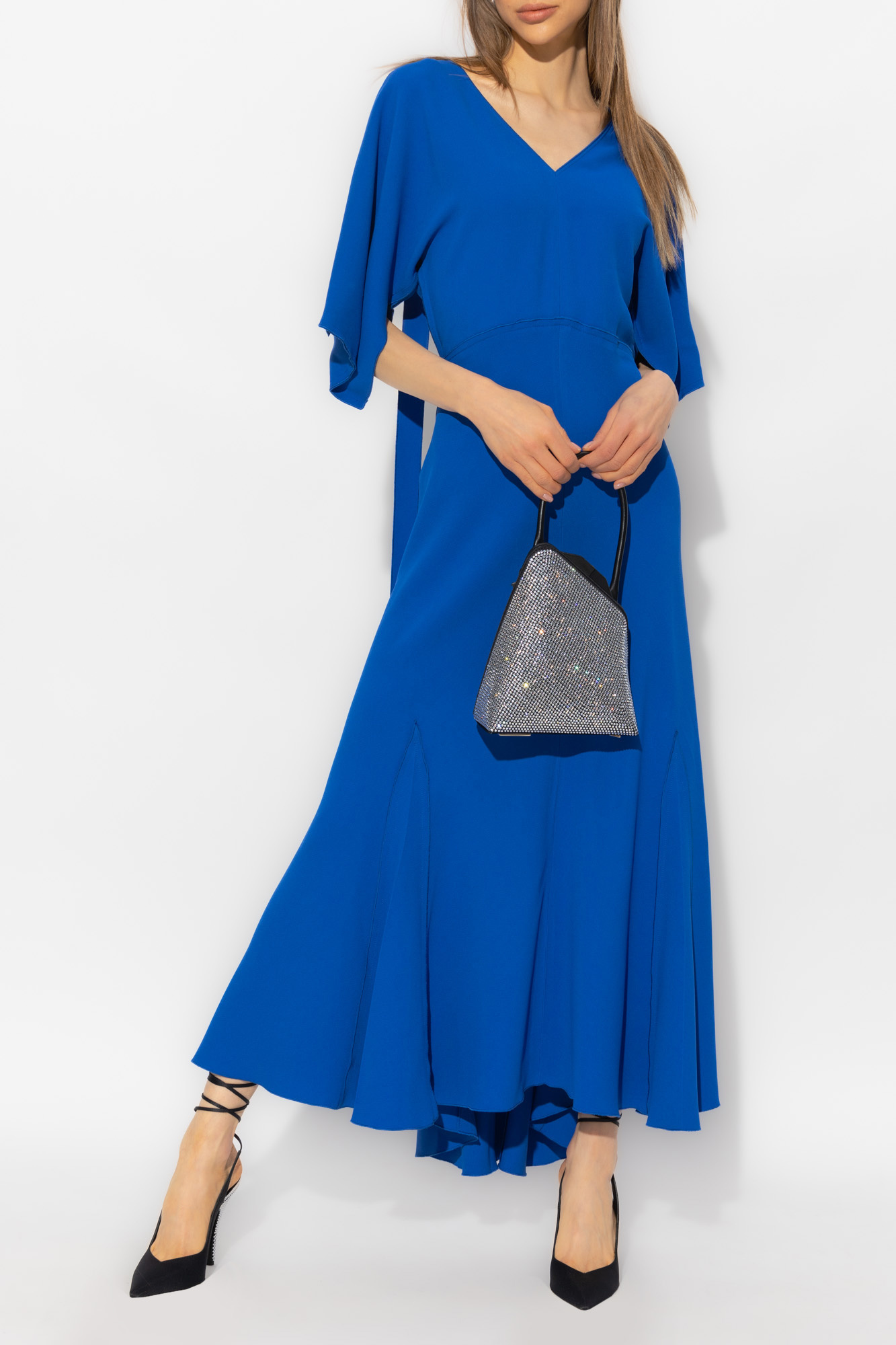 Victoria Beckham Hem Asymmetric Flared Midi V-neck Dress In Blue