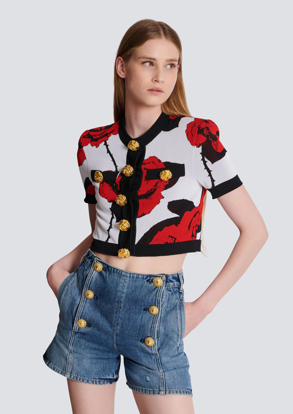 Shop Balmain Red Roses Jacquard Knit Cardigan In Black