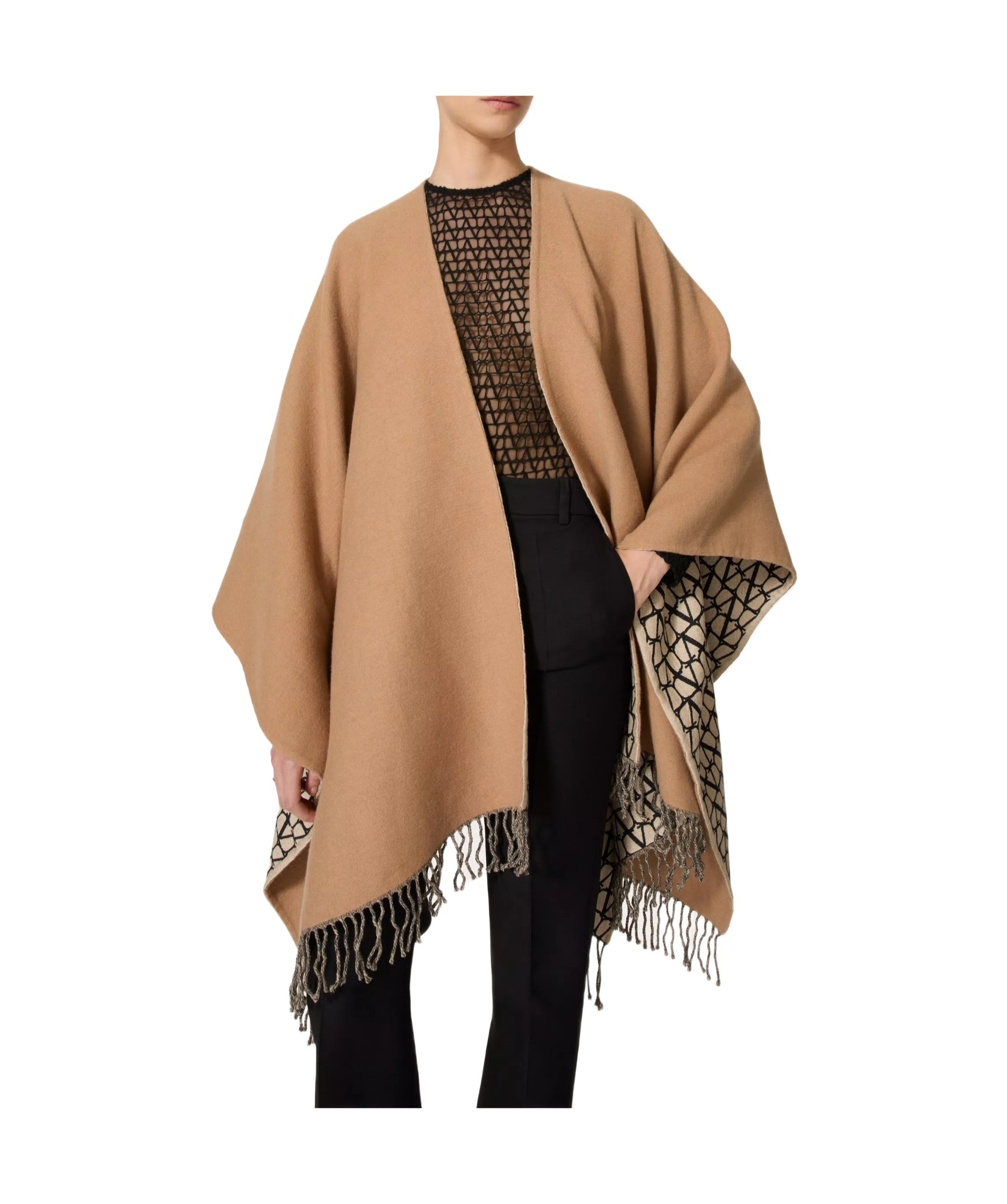 Valentino Asymmetrical Wool Poncho With Fringed Edge In Nude