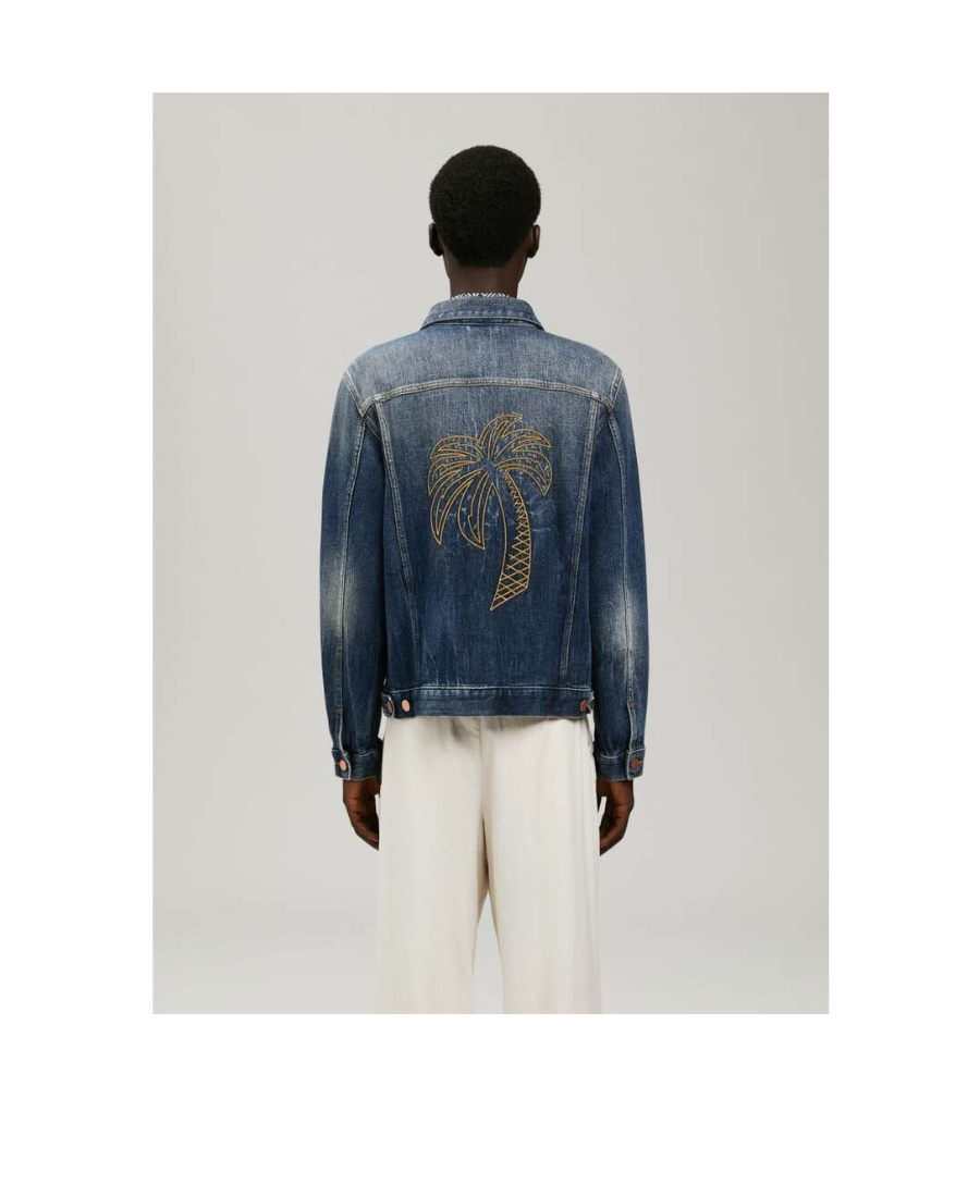 Palm Angels Embroidered Palm Tree Denim Jacket In Blue
