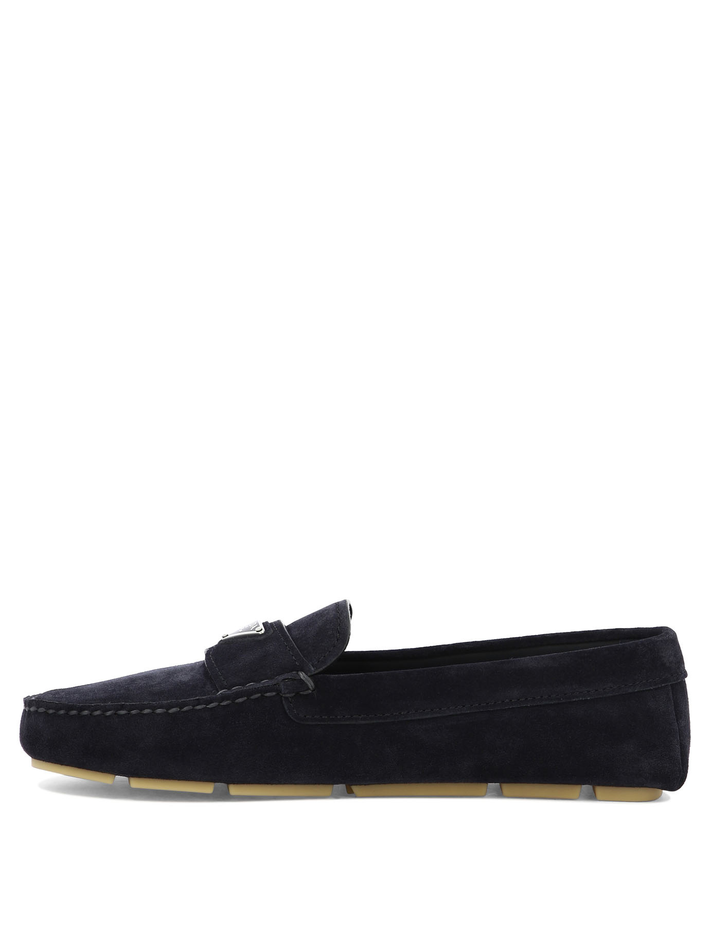 Prada Enamel-triangle-logo Suede Loafers In Blue