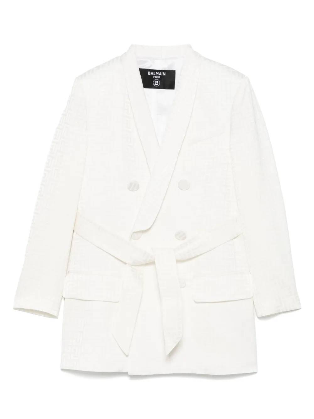 Shop Balmain Pb Monogram-jacquard Blazer In White