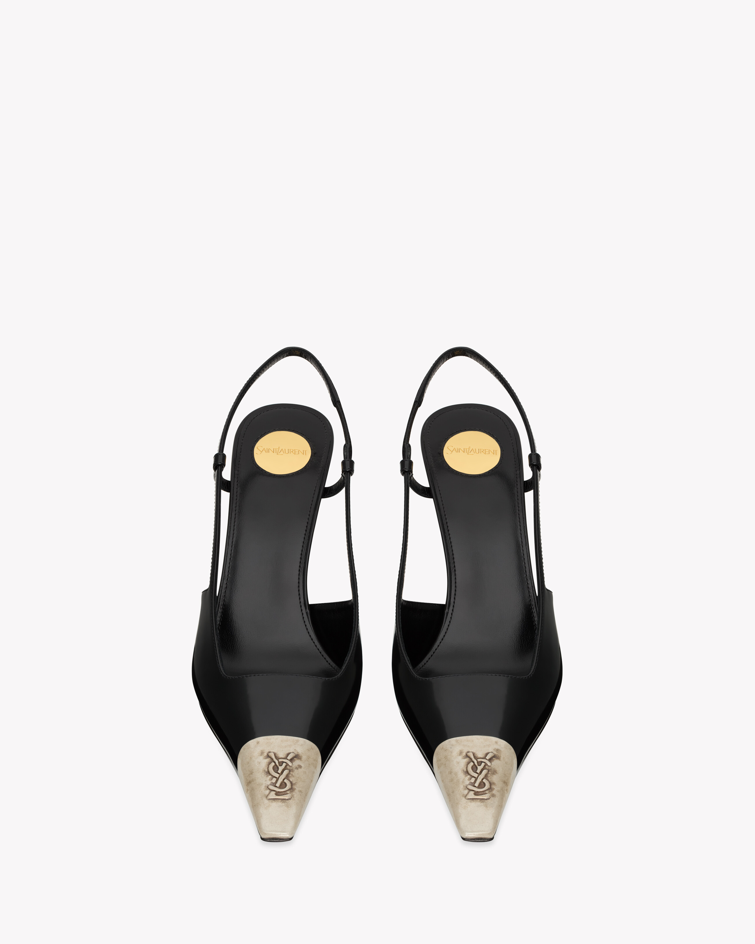 Saint Laurent Jeanne Slingback Pumps In Glazed Leather With Metal Toe Shoes In Black