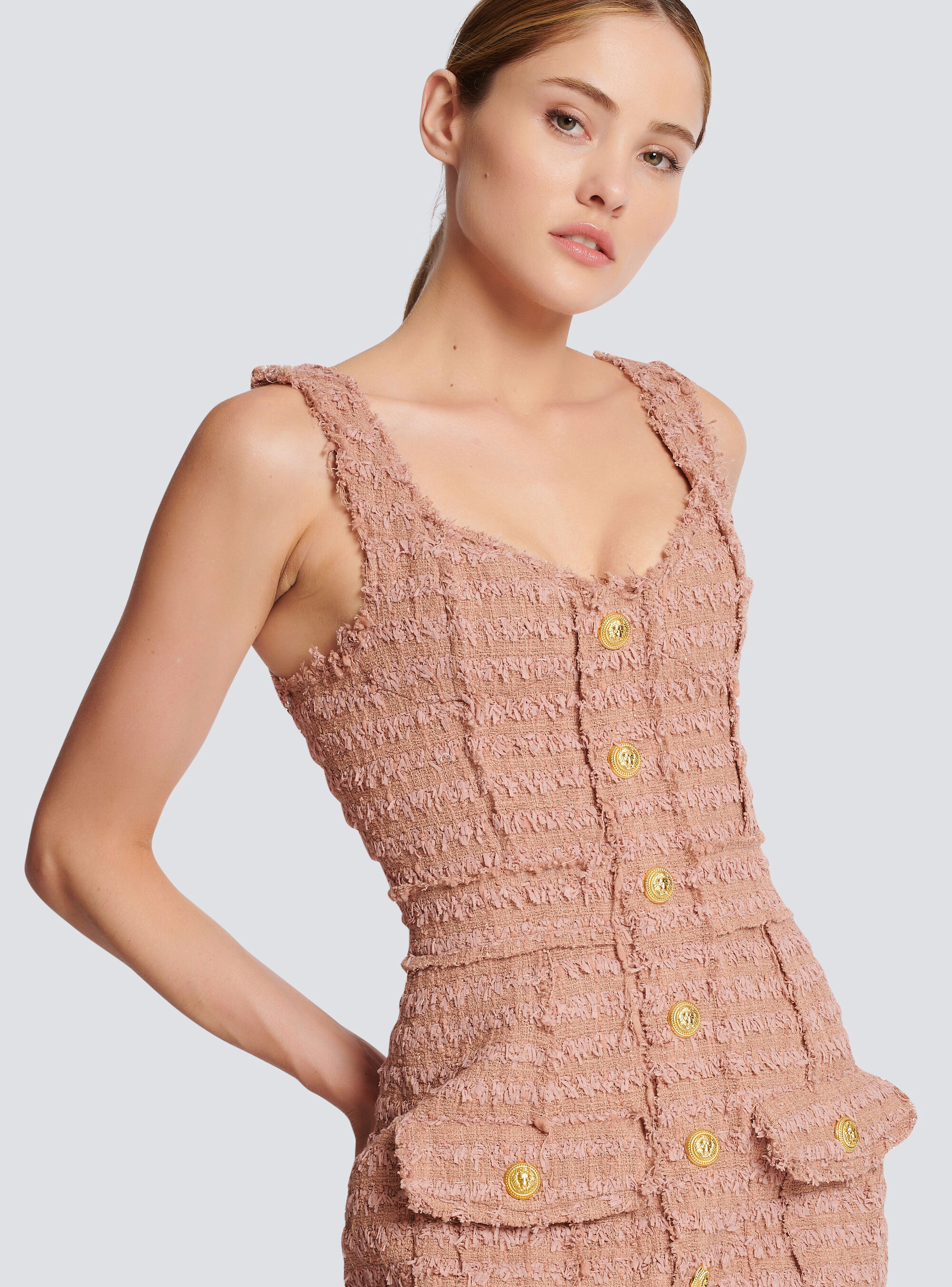 Balmain Button-embossed Strapped Tweed Short Dress In Nude