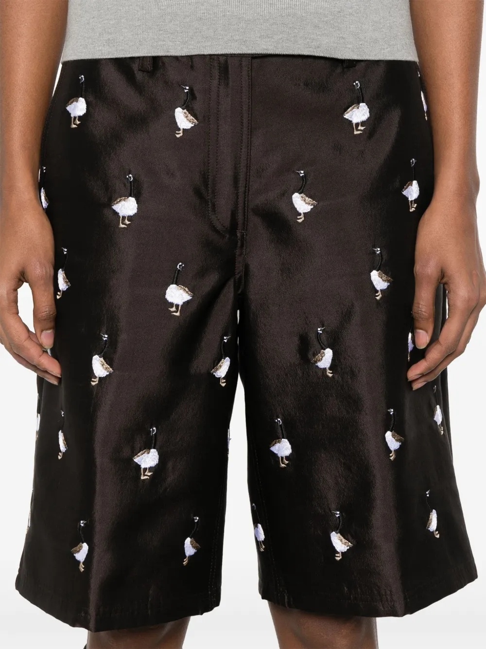 Thom Browne Goose-embroidered Wide-leg Shorts In Brown