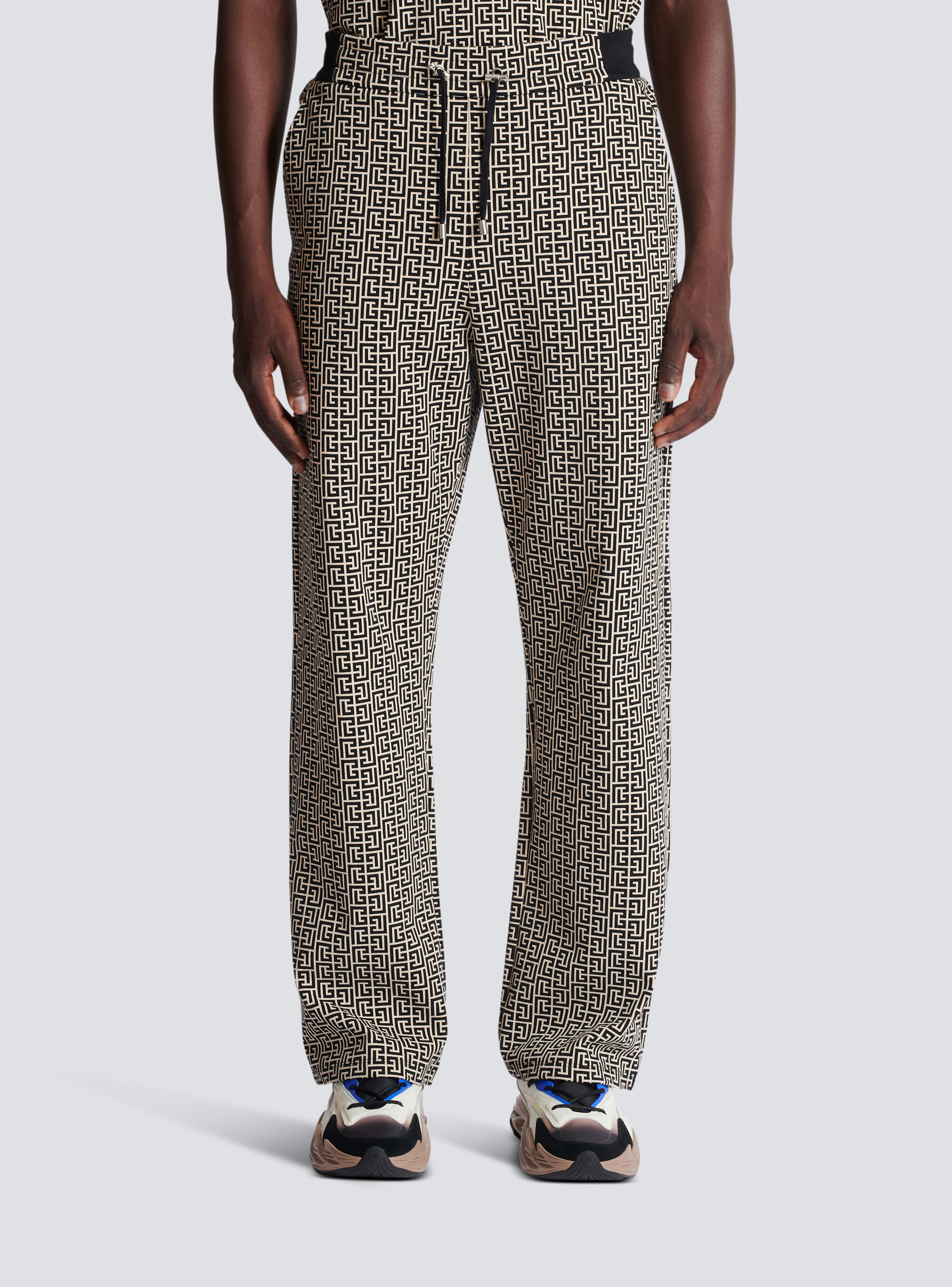 Balmain Monogram-jacquard Drawstring-waistband Track Pants In Gray