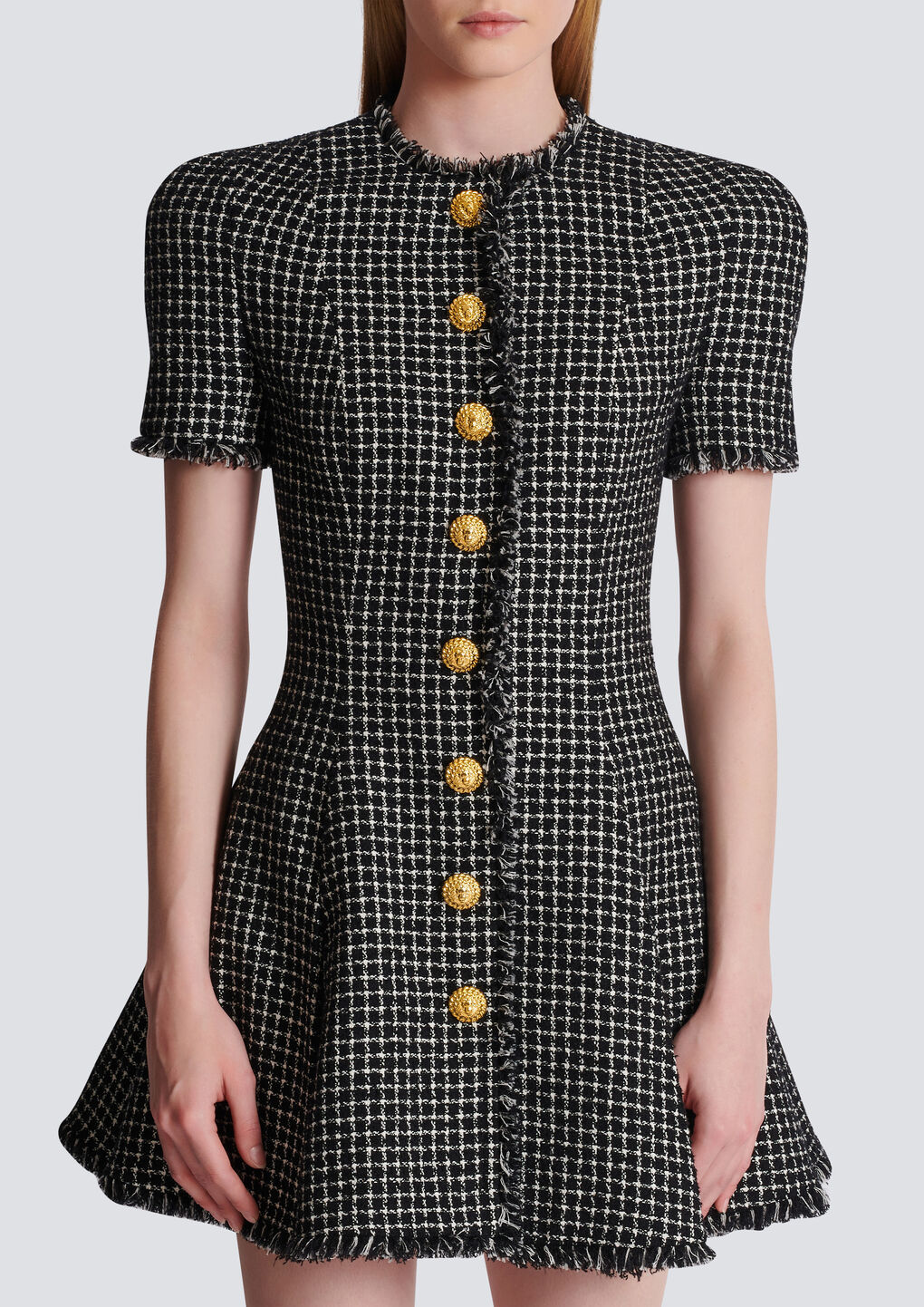 Balmain Pleated Cotton-blend Tweed Minidress In Black