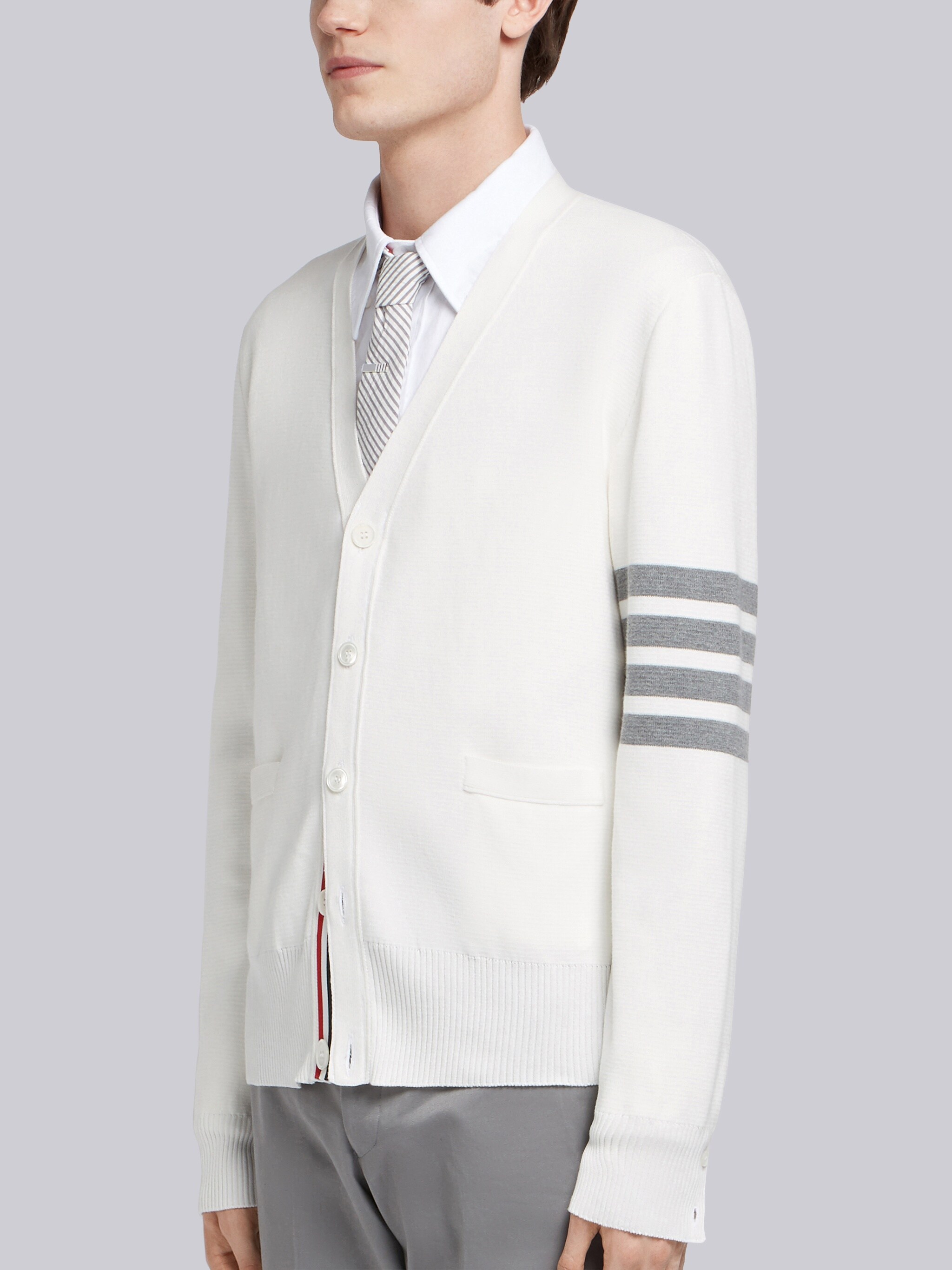 Thom Browne Stripe Sleeve Milano Stitch Cardigan In White