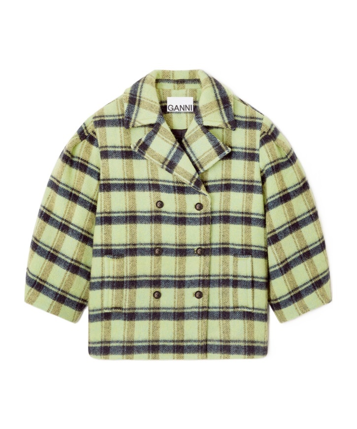 Ganni Brushed Wool Check Midi Coat In Multi