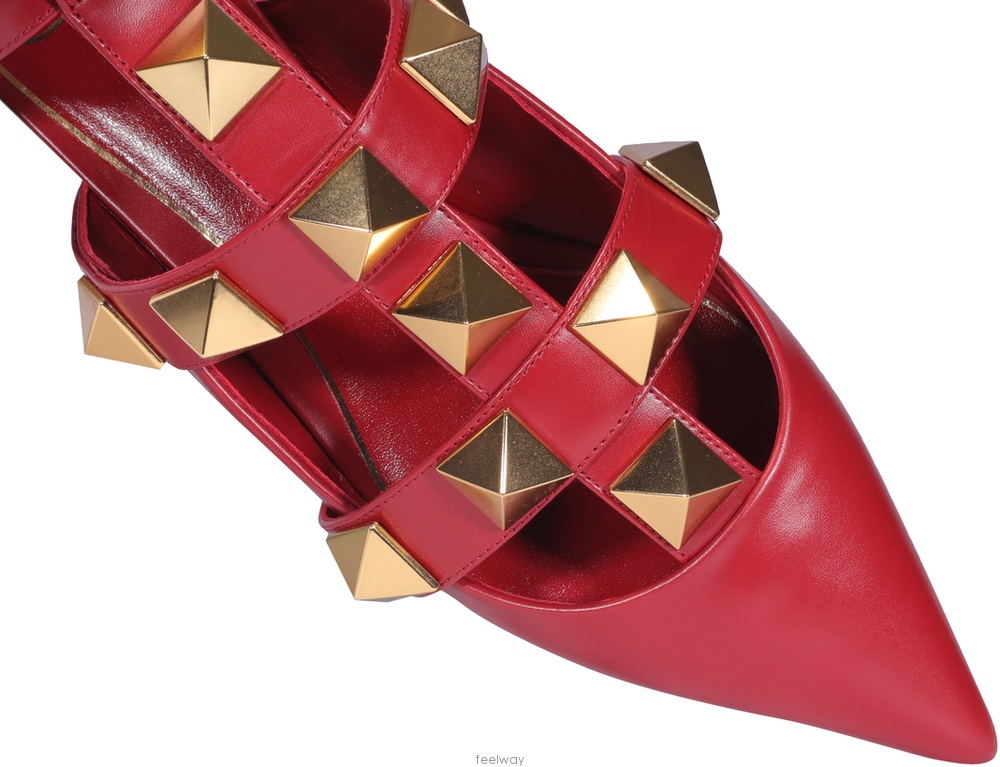Valentino Roman Stud Leather Ankle Strap Flat In Red