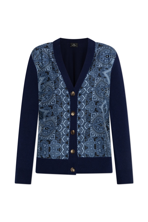 Etro , Cardigan With Silk Scarf Motif, Woman, Navy Blue, Size 48 In Black