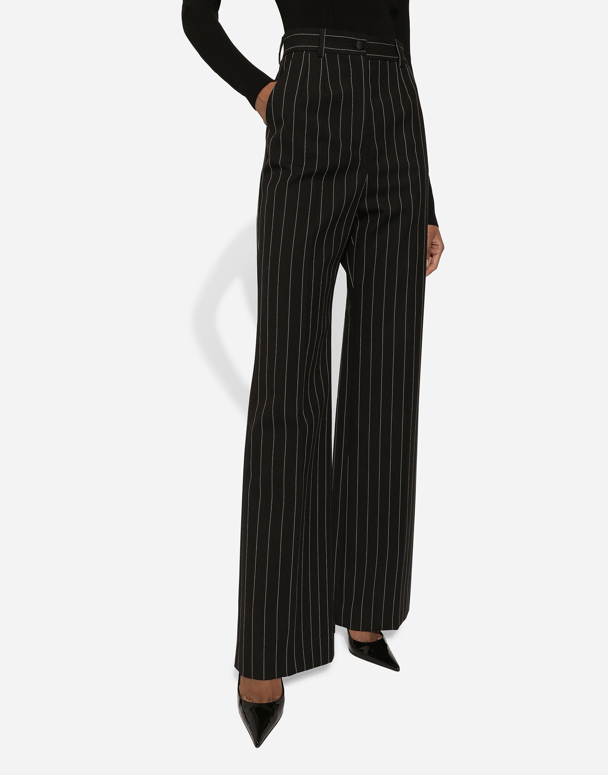 Dolce & Gabbana High Waist Pinstripe Flared Pants In Black