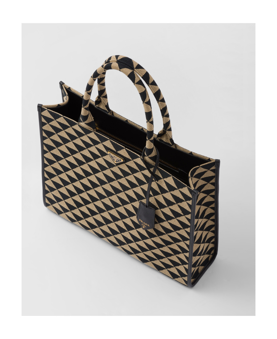 Shop Prada Large Symbole Jacquard Fabric Handbag In Black/beige