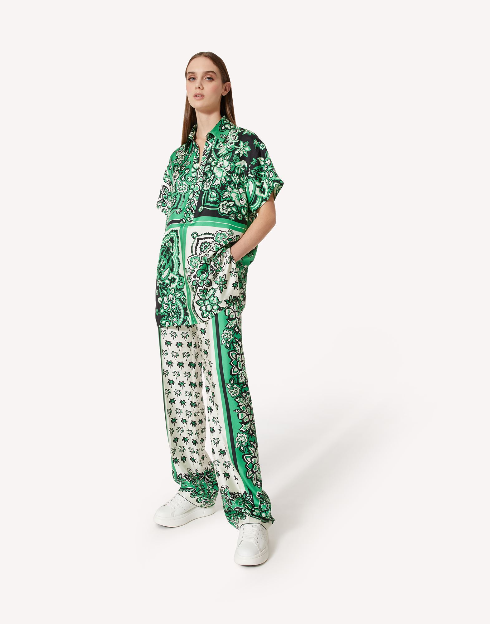 Red Valentino Floral Collared Short Sleeve Shirt In Green