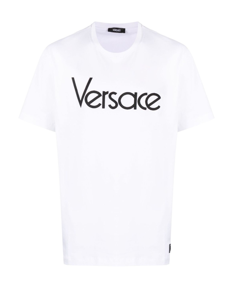 Versace White Crewneck T-shirt With Logo Lettering Print In Cotton Man In White