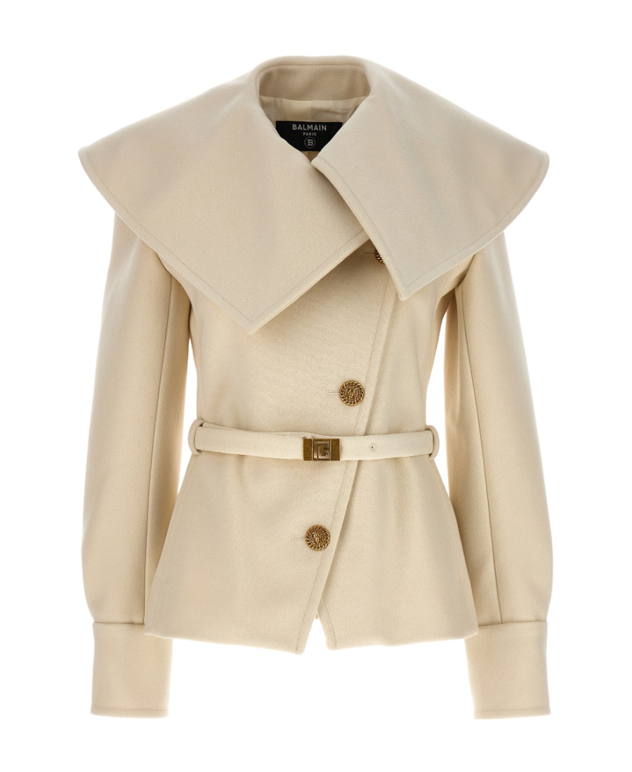 Balmain White Double-breasted Short Coat In Nude
