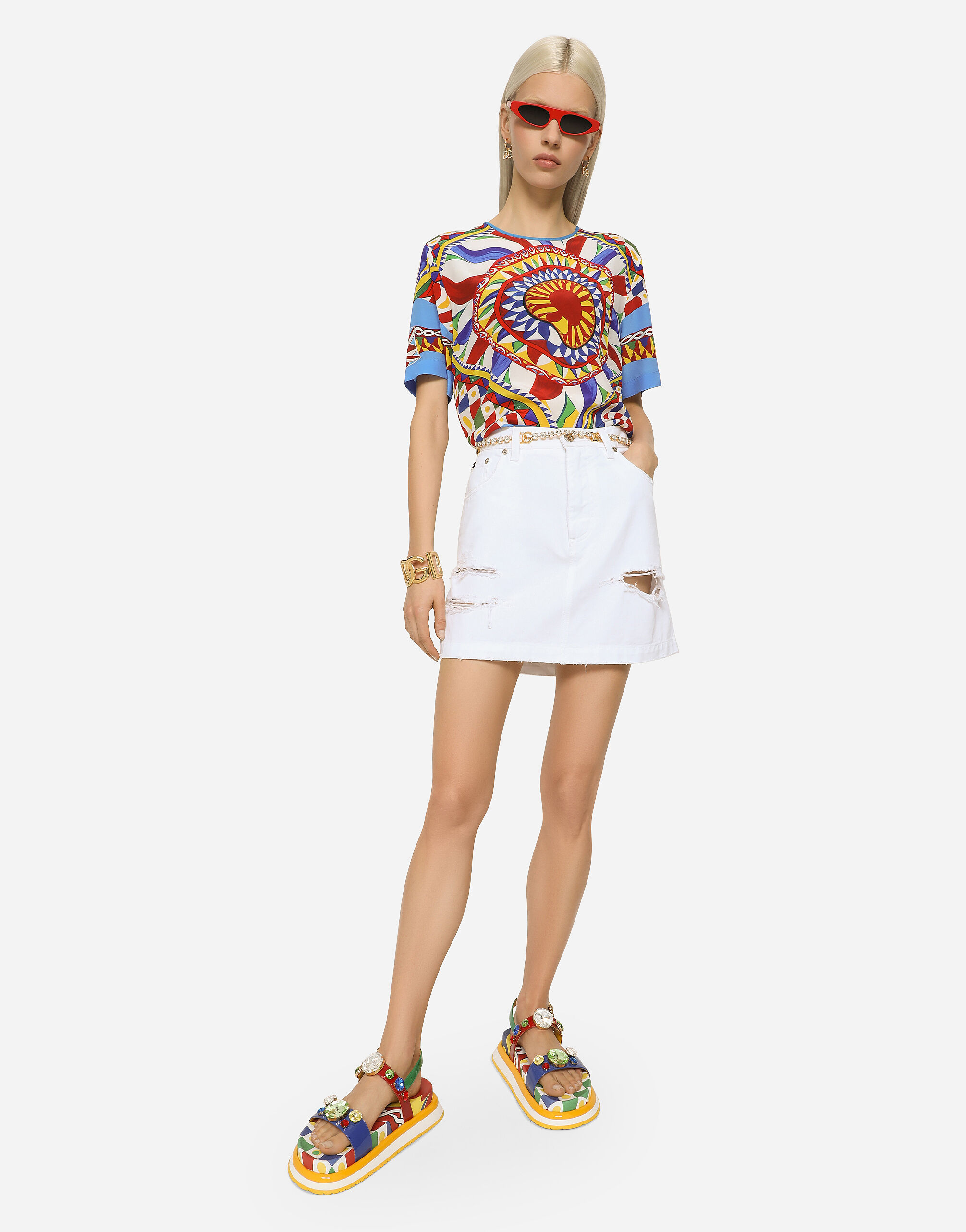 Dolce & Gabbana Distressed-finish Denim Miniskirt In White