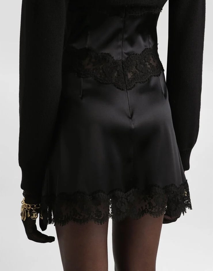 Dolce & Gabbana Stretch Satin Dress With Lace Details In Black