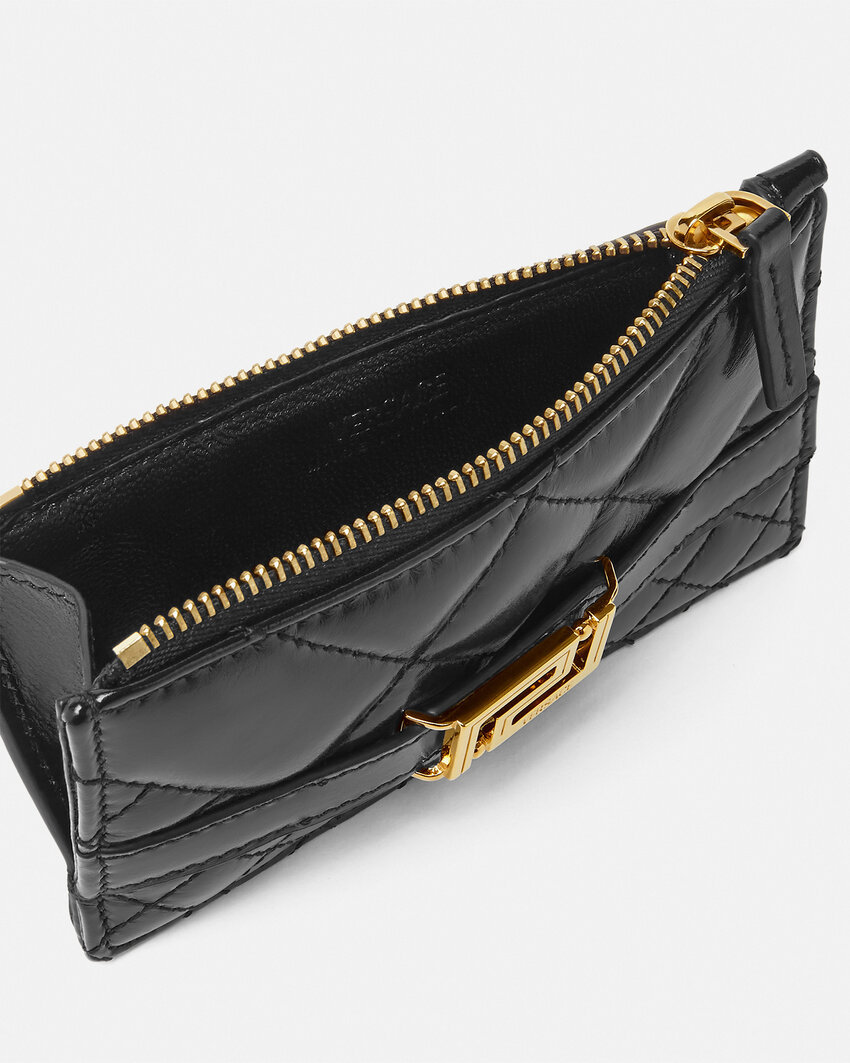 Versace Greca-plaque Diamond-quilted Leather Wallet In Black