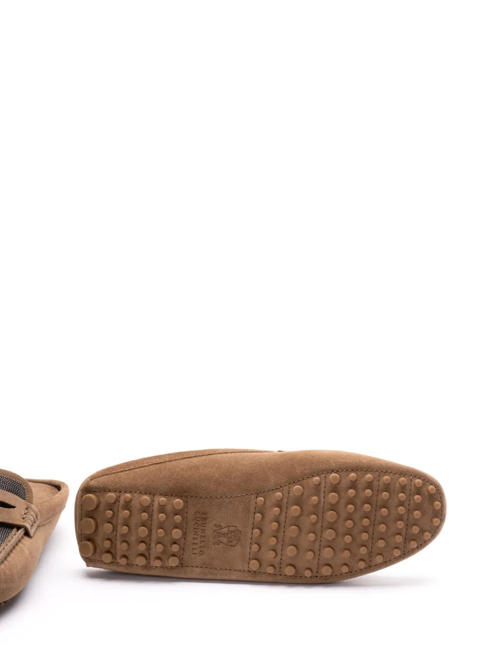 Brunello Cucinelli Suede Tapered Moccasins With Rubber Stud Sole In Brown