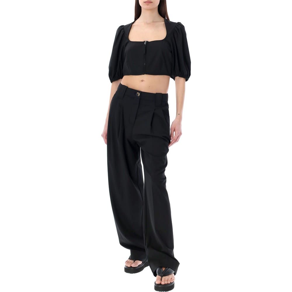 Shop Ganni Drapey Melange Zipper Blouse In Black