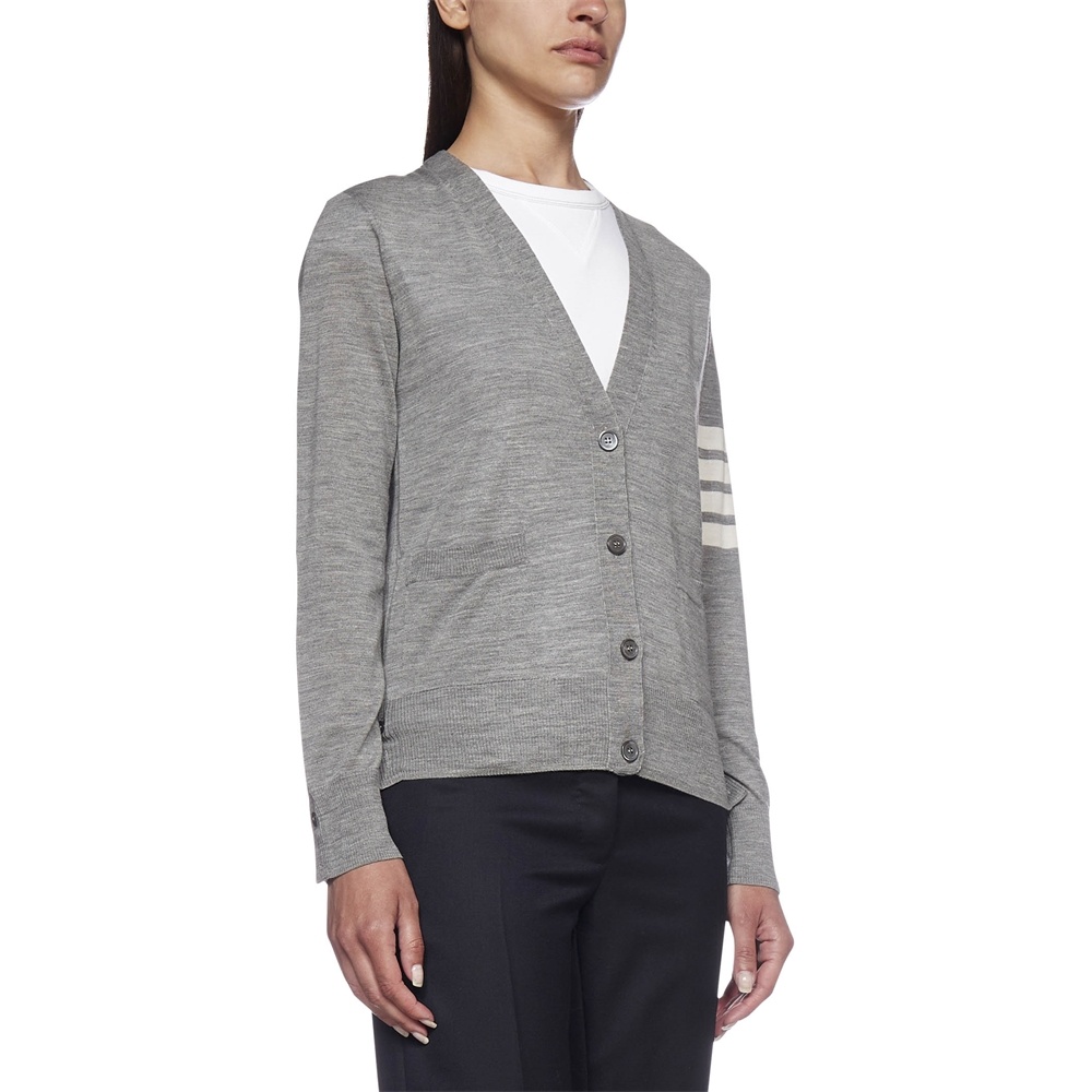 Thom Browne Virgn Wool Cardigan Dress With Sporty Stripe Detail In Gray