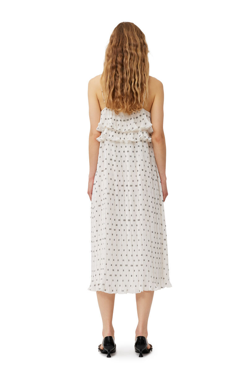 Ganni Gestuftes Midikleid Aus Bedrucktem Georgette In White