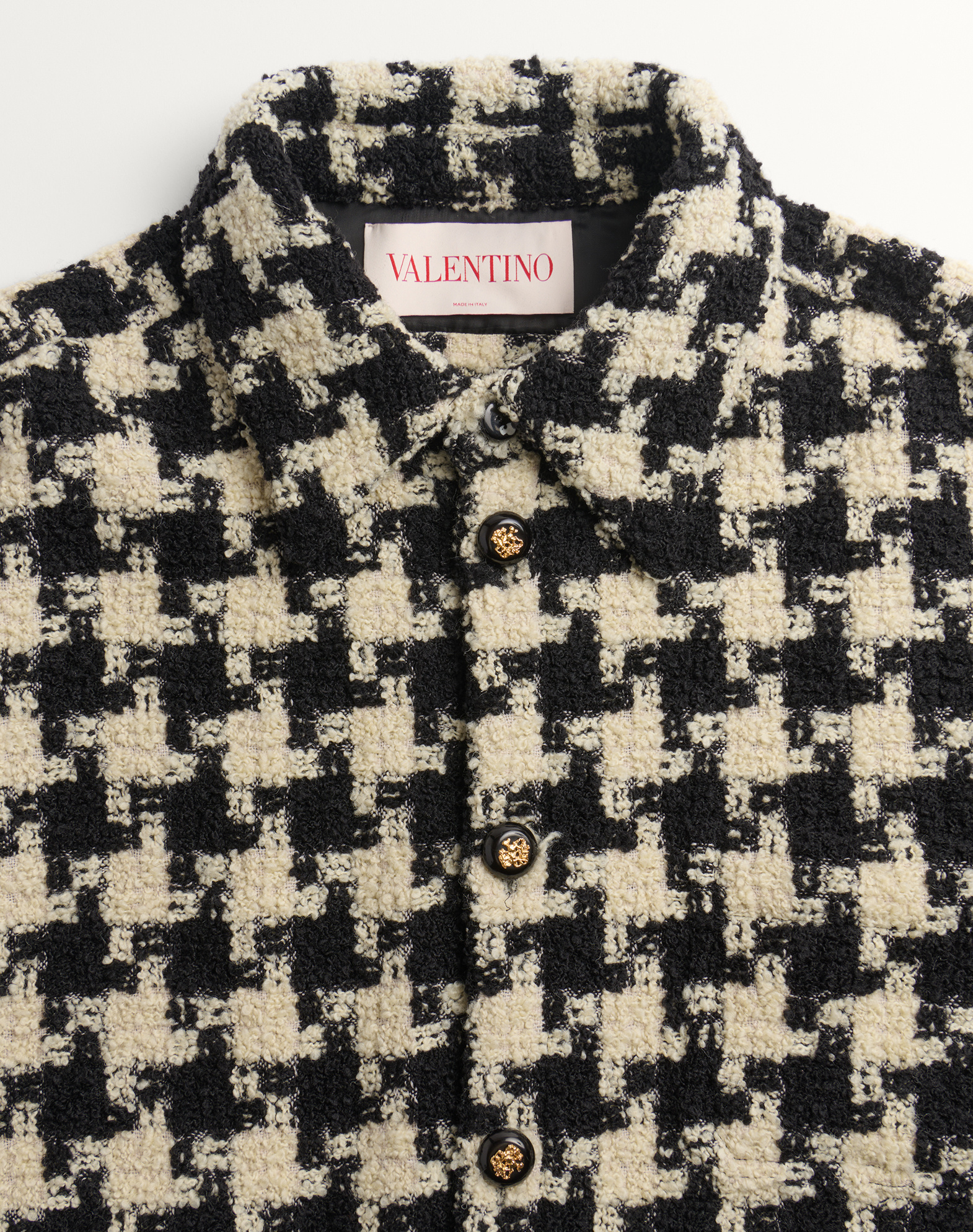 Valentino Wool Shirt Jacket With Pied De Coque Pattern In Ivory/black