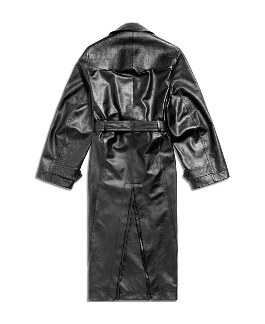 Balenciaga Notched-lapels Leather Trench Coat In Black